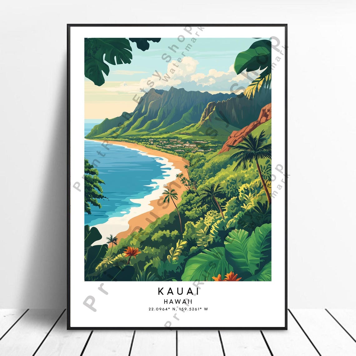 Kauai Hawaii Tropical Coast Green Valley Beach Vintage Travel Poster