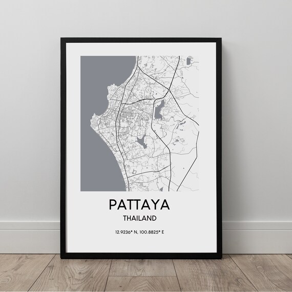 Pattaya City Map Print Black And White Poster Travel Minimalist Wall Art Gift