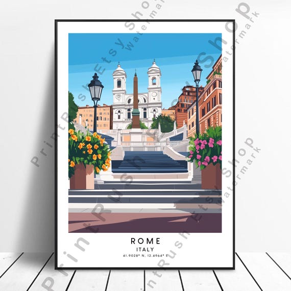 Rome Italy Travel Print Illustration Art Spanish Steps Poster Minimalist Wall Gift Colourful Home Dcor