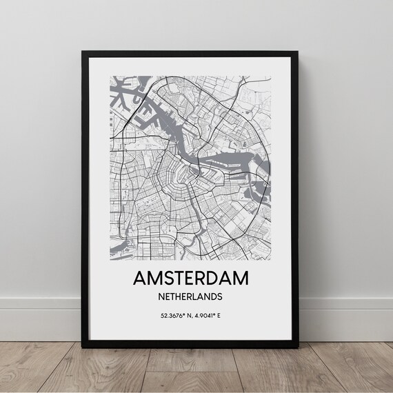 Amsterdam Map Print Black And White Poster Art Minimalist Wall Travel Gift