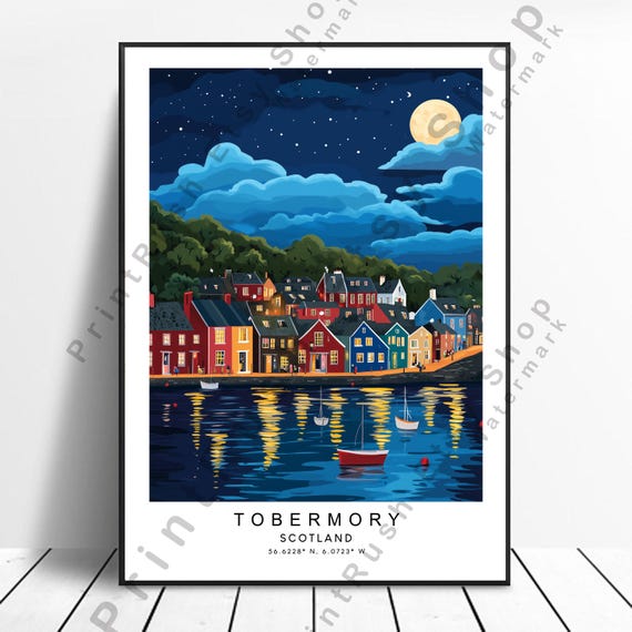 Tobermory Illustration Art Night Harbour Colourful Houses Scotland Print Poster Isle Of Mull Travel