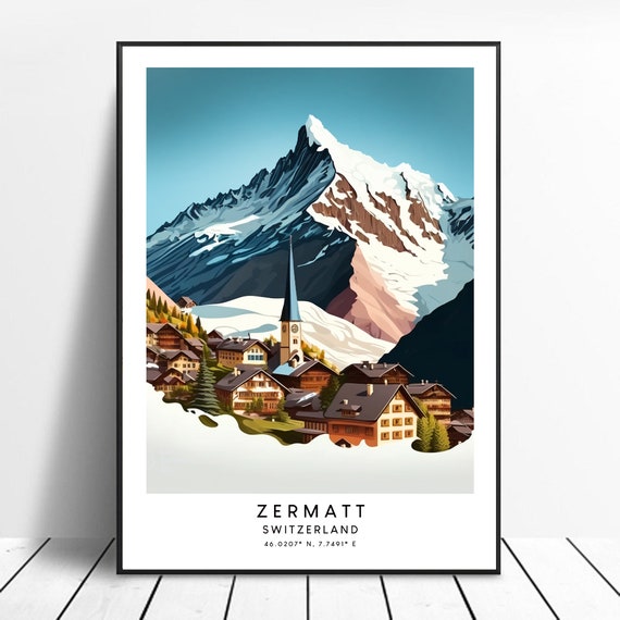 Zermatt Switzerland Travel Print Colourful Matterhorn Poster Minimalist Wall Art Gift