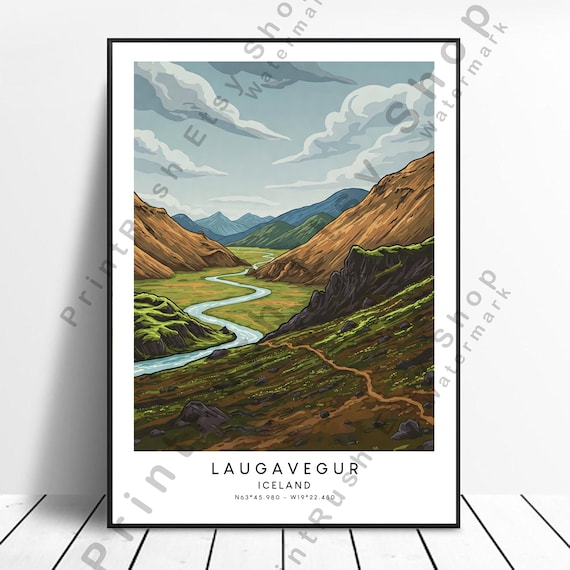 Laugavegur Iceland Trail Mountain Valley River Hiking Travel Poster
