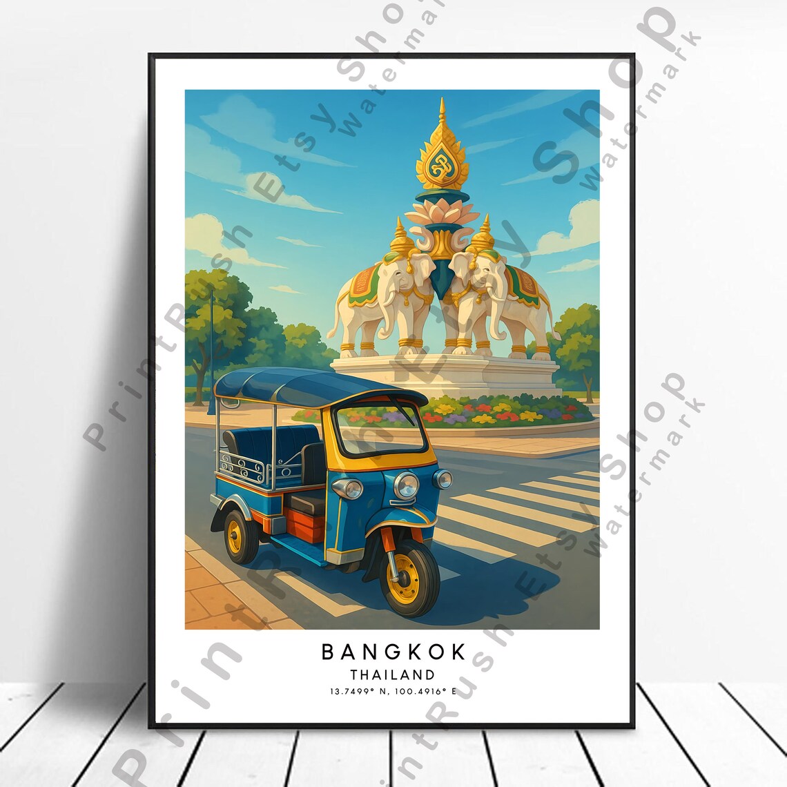 Bangkok Tuk Tuk Elephant Monument Street Thailand Travel Poster