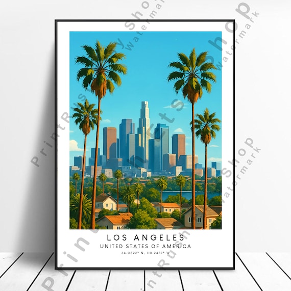 Los Angeles Daytime Skyline Palm Trees California Travel Poster