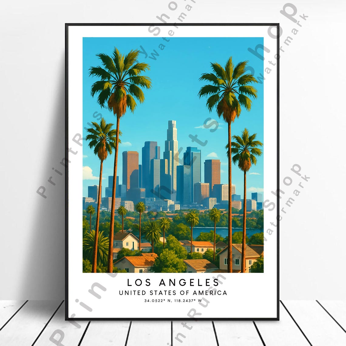 Los Angeles Daytime Skyline Palm Trees California Travel Poster
