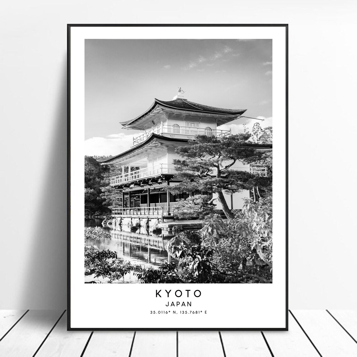 Kyoto Japan Minimalist Travel Poster, Black and White