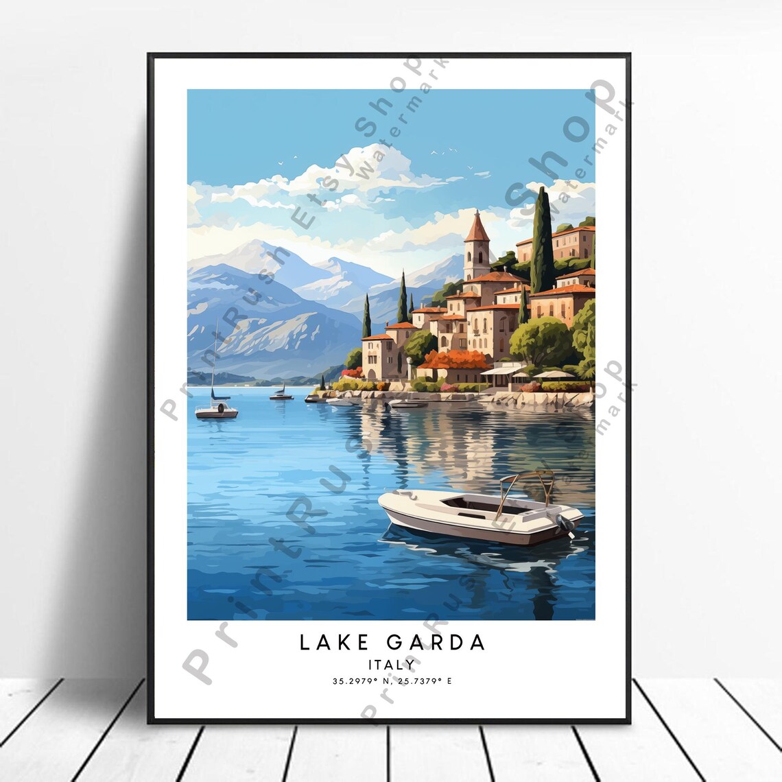 Lake Garda Italy Lakeside Village With Boats Mountains Travel Poster