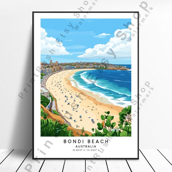 Bondi Beach Print Australian Coastline Wall Art Ocean Wave Poster For Travel And Surf Dcor Illustration Gift