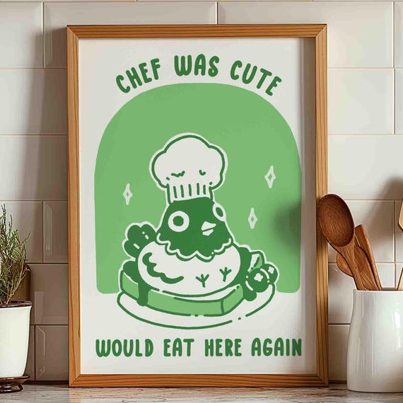 Bird Cooking Food Poster Chef Was Cute Would Eat Here Again Retro Diner Foodie Art Print Kitchen Trendy Funny Pigeon