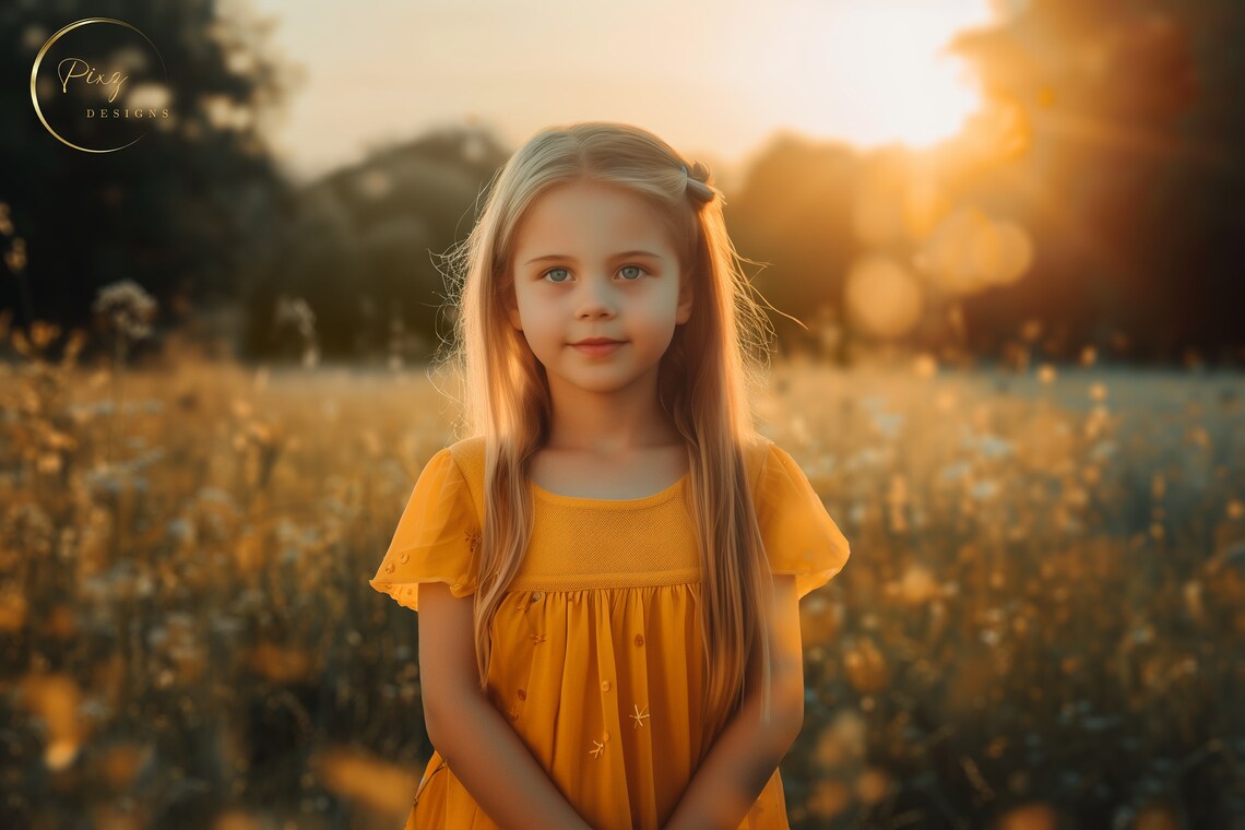 Golden Hour Wildflower Field Girl In Yellow Dress Portrait Backdrop