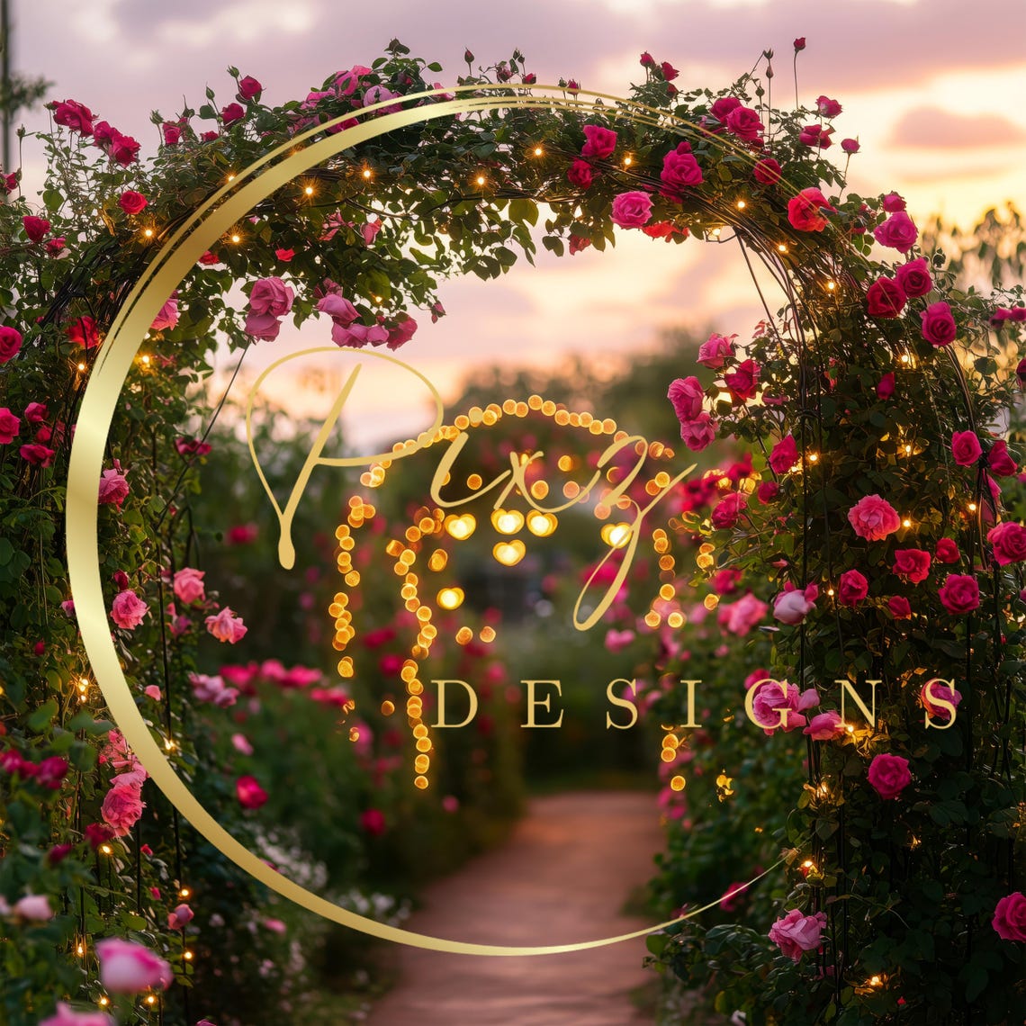 Pink Rose Garden Arch Girl At Twilight Fairy Lights Portrait Backdrop - Image 2