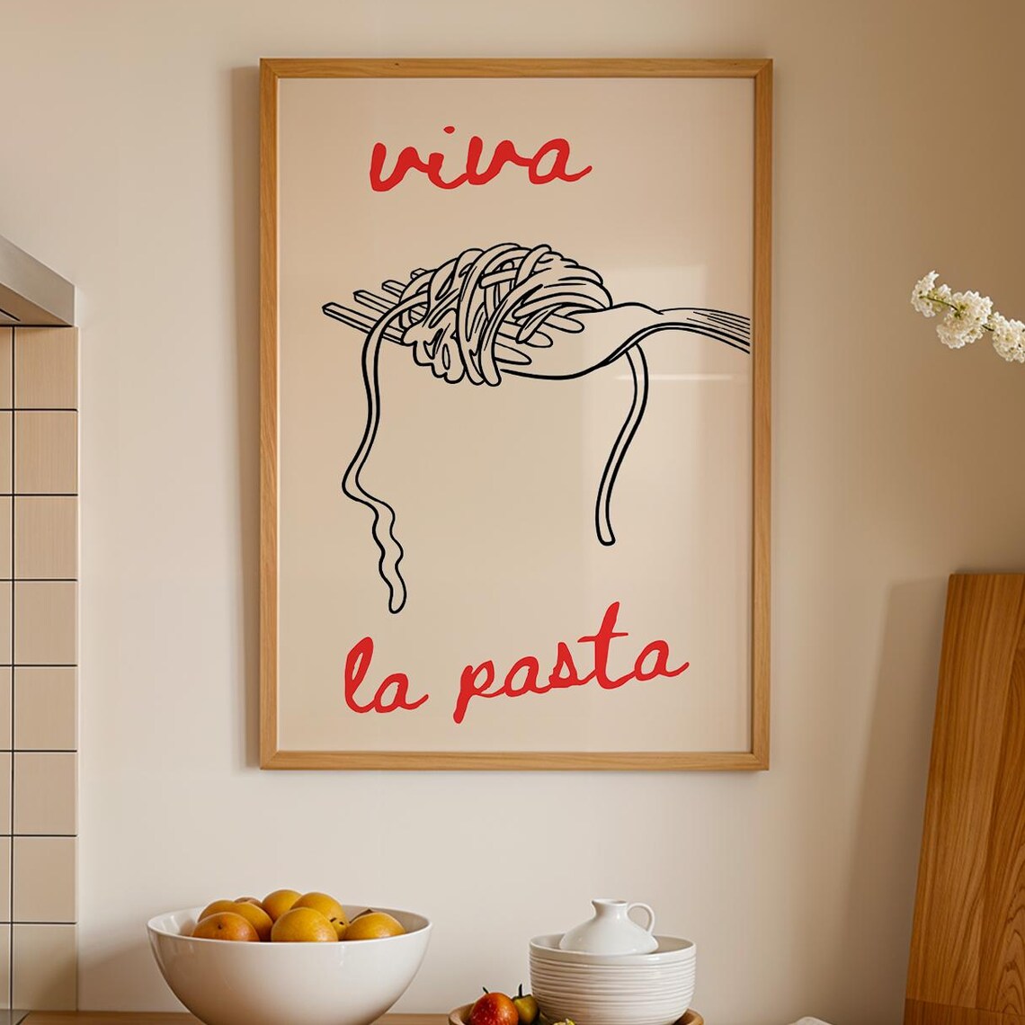 Spaghetti Poster Pasta Print Illustration Italian Food Kitchen Wall Art Dining Room Decor Red