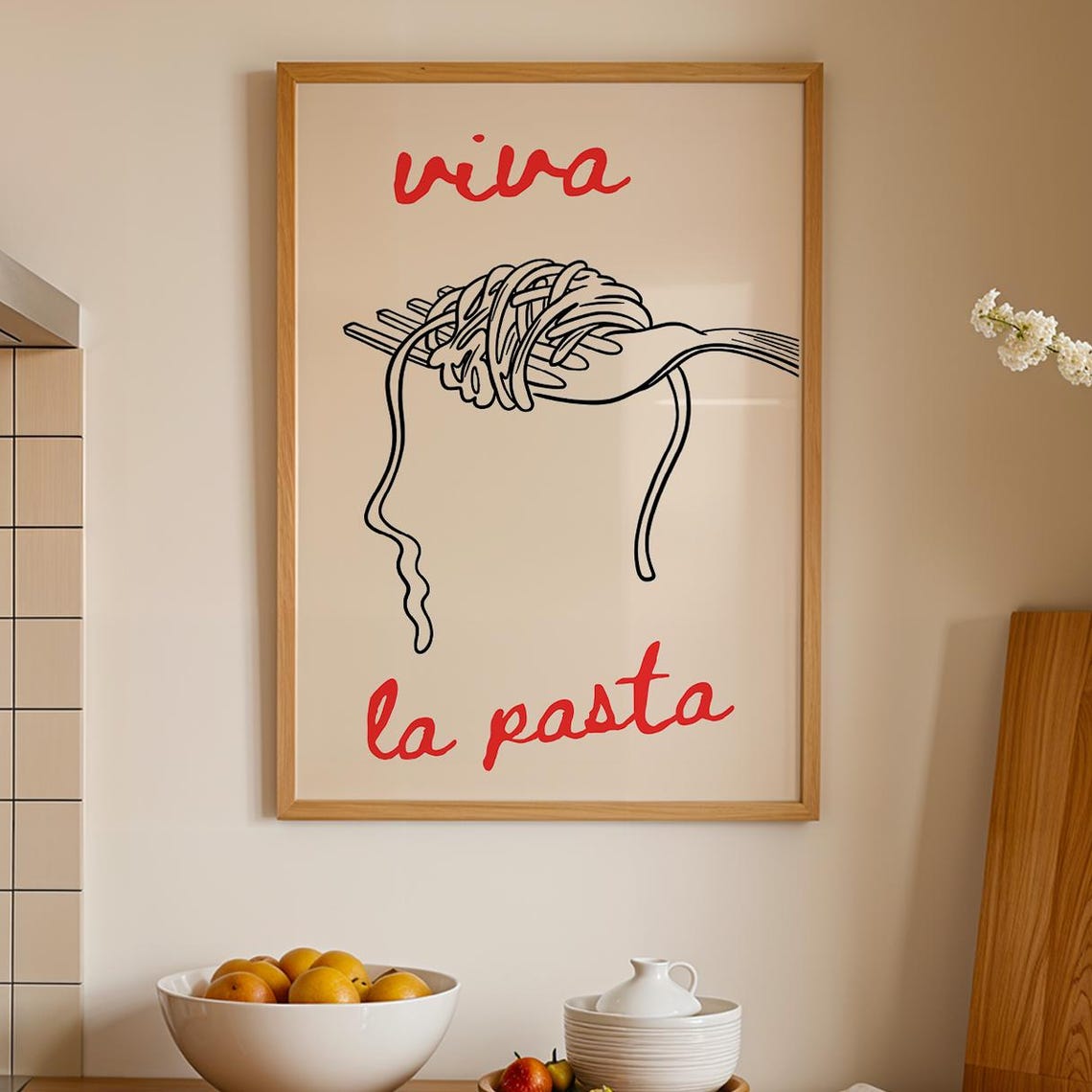 Viva La Pasta Spaghetti Fork Red Script Italian Kitchen Wall Art