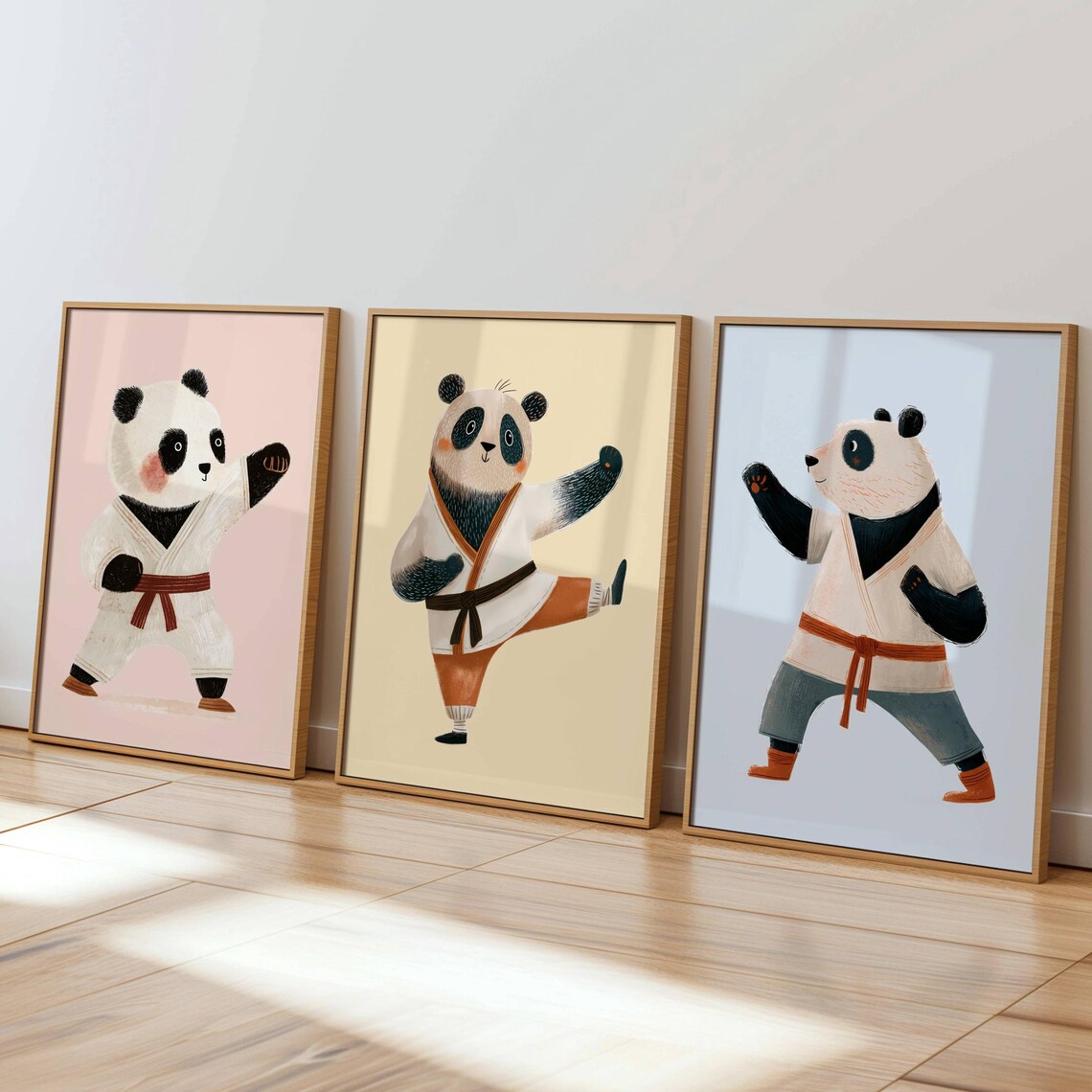 Cute Karate Pandas Trio Set Funny Animal Nursery Kids Room Art Poster