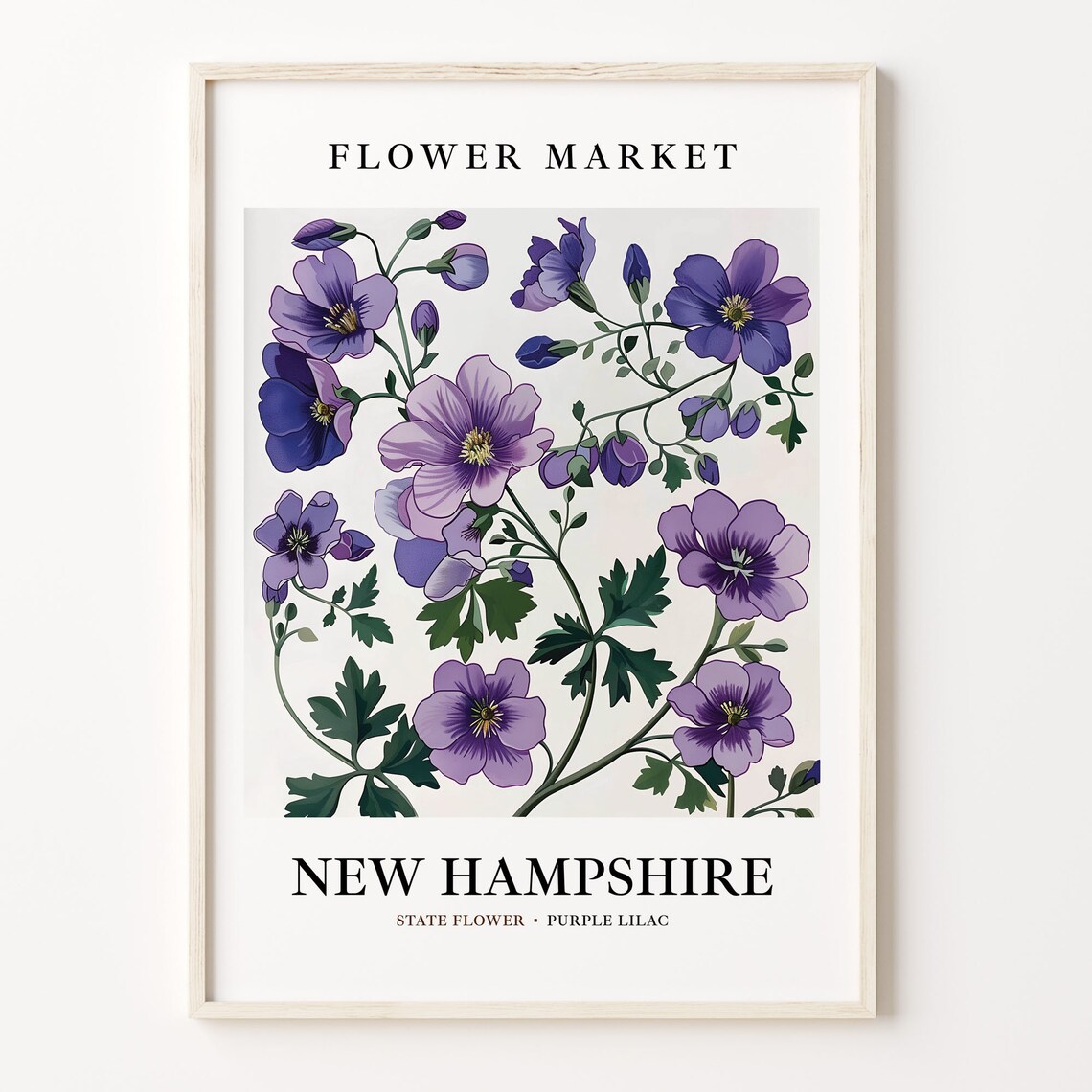 New Hampshire State Flower Art Print, 1960s Lilac