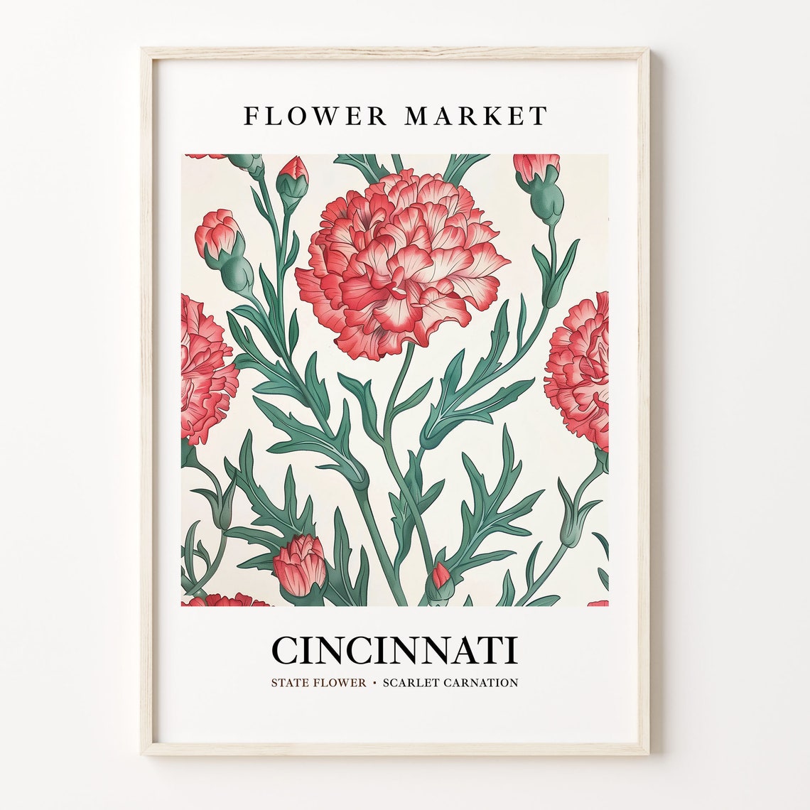 Cincinnati Scarlet Carnation State Botanical Flower Market Poster