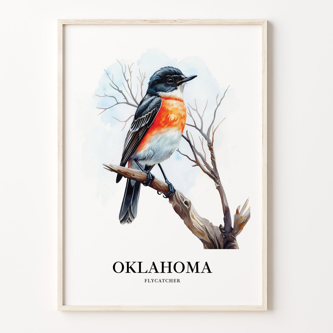 Oklahoma Flycatcher Songbird Watercolor Branch Bird Art Poster