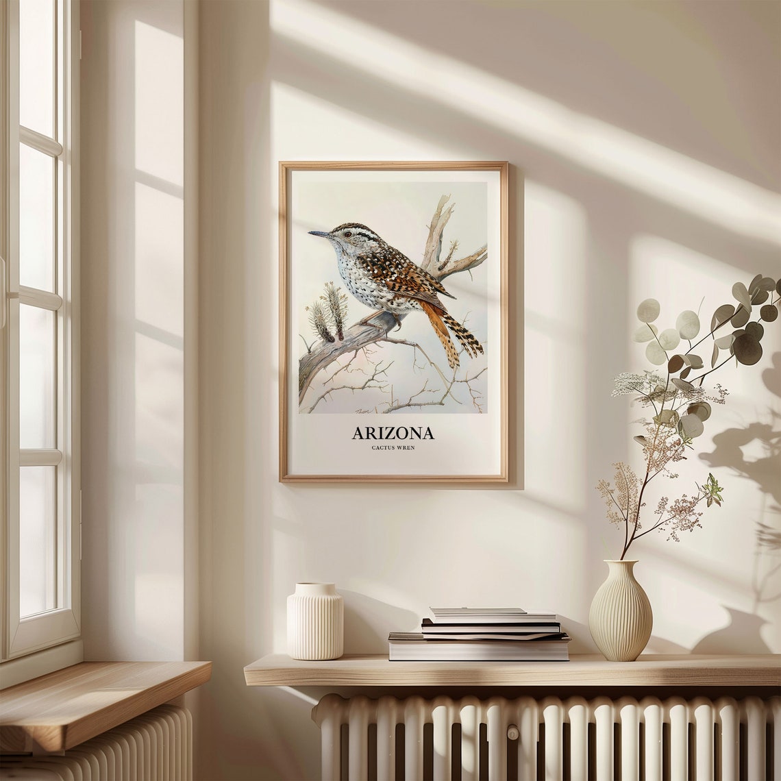 Desert Arizona Cactus Wren Watercolor Bird Illustration Poster - Image 3