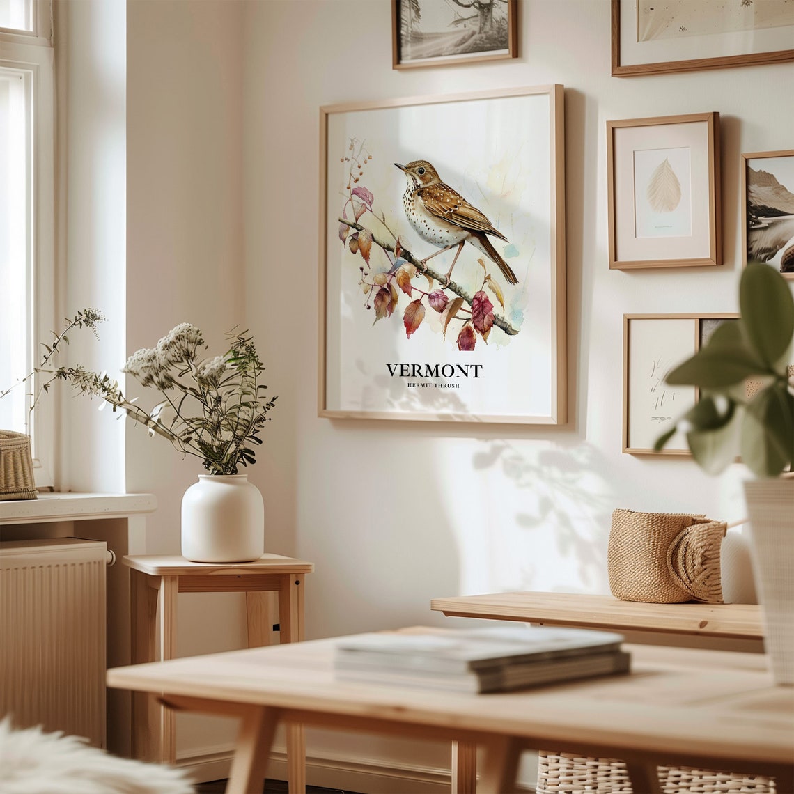 Charming Vermont Hermit Thrush Watercolor Bird Illustration Poster - Image 2