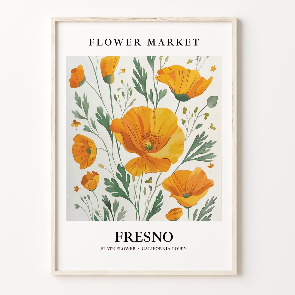 Fresno California Poppy Golden Botanical Flower Market Poster