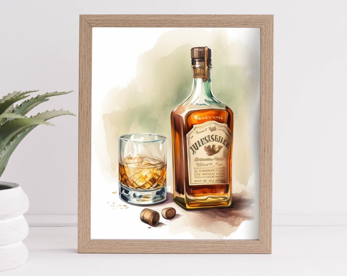 Whiskey Bottle and Crystal Glass Watercolor Bar Cart Wall Poster - Image 3