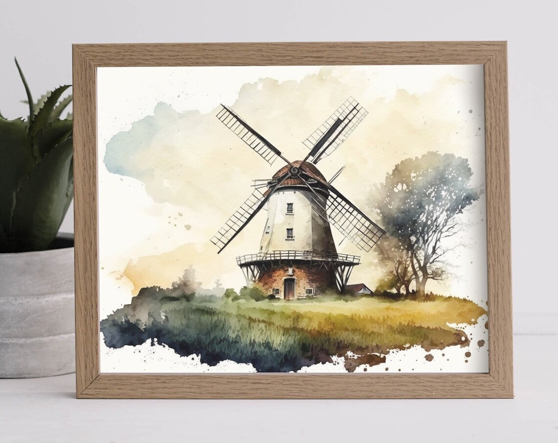 Dutch Windmill in a Green Field Watercolor Countryside Poster