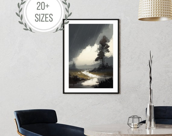 Flooded Creek Rainy Day Landscape Painting Art Gallery Wall Decor Instant Art Water Painting Vintage Wall Art