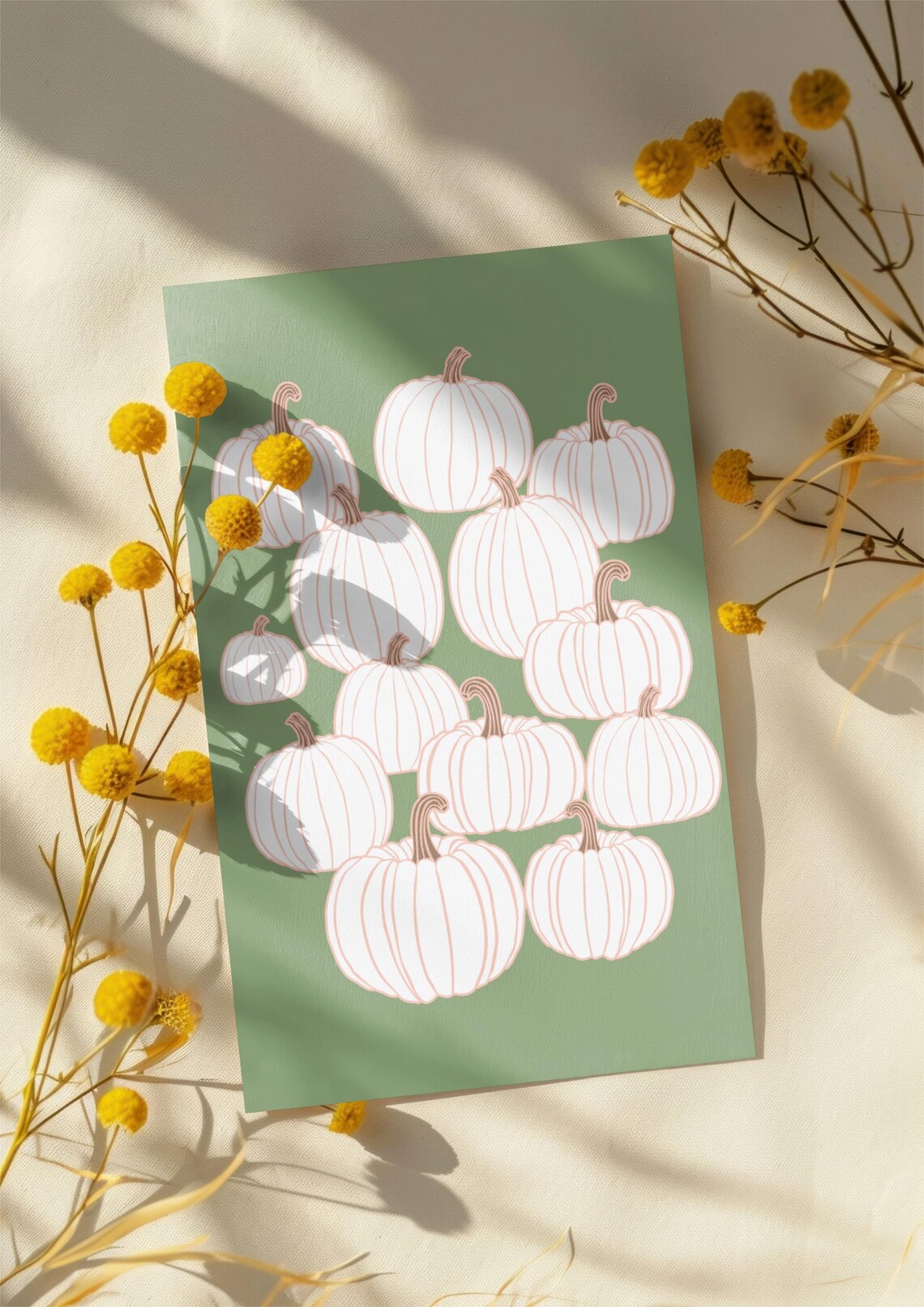 White Pumpkins Line Art On Sage Green Fall Autumn Season Print - Image 2