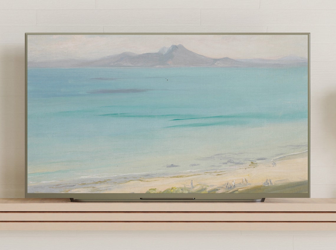 Turquoise Seascape with Distant Mountains Minimalist Beach Poster - Image 3