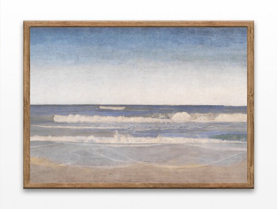 Muted Blue Beach Waves Minimalist Coastal Seascape Oil Painting Poster