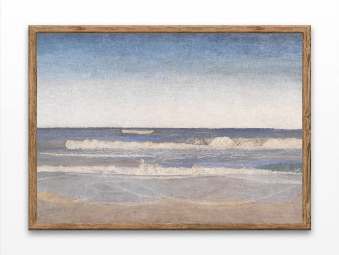 Muted Blue Beach Waves Minimalist Coastal Seascape Oil Painting Poster
