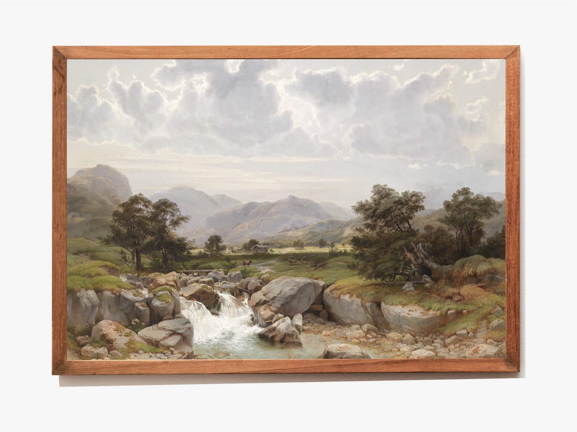 Mountain Waterfall Over Rocky Cliffs Vintage Landscape Art Poster - Image 3