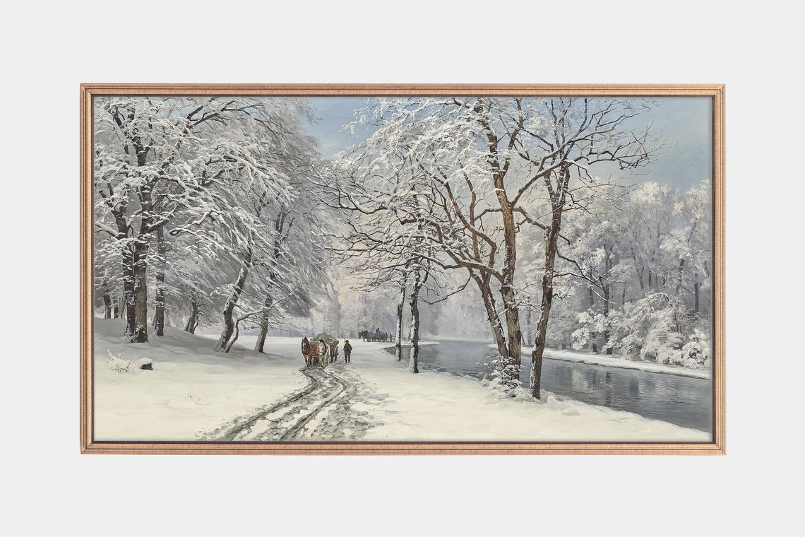 Horse Drawn Carriage On Snowy Park Path Winter Landscape Art Poster