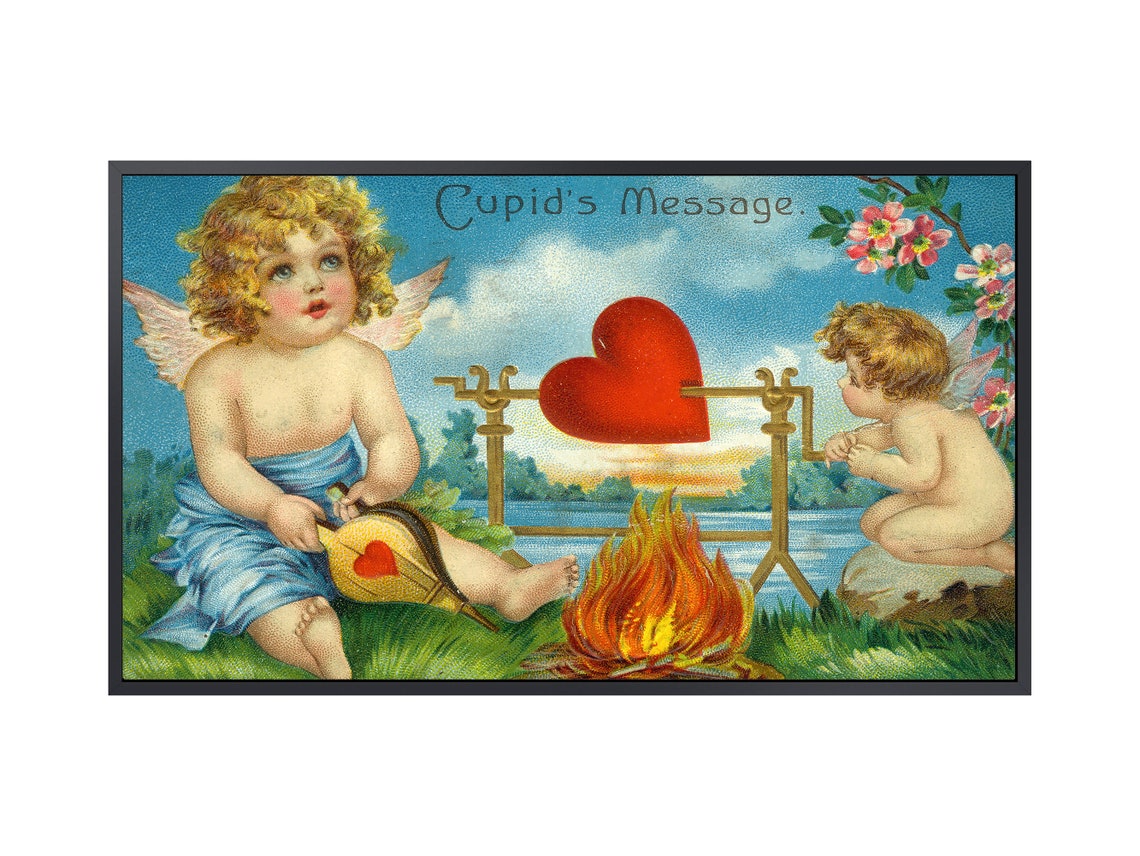Cupids Message Vintage Valentine Cherubs Campfire Heart Art Print - Image 3