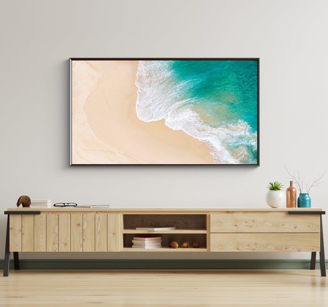 Aerial Beach Turquoise Ocean Waves Golden Sand Coastline Drone View Poster - Image 3