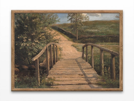 Paintings Of Wooden Bridge Vintage Landscape Art Antique Bridge Prints Lake House Wall Art New Home Gift