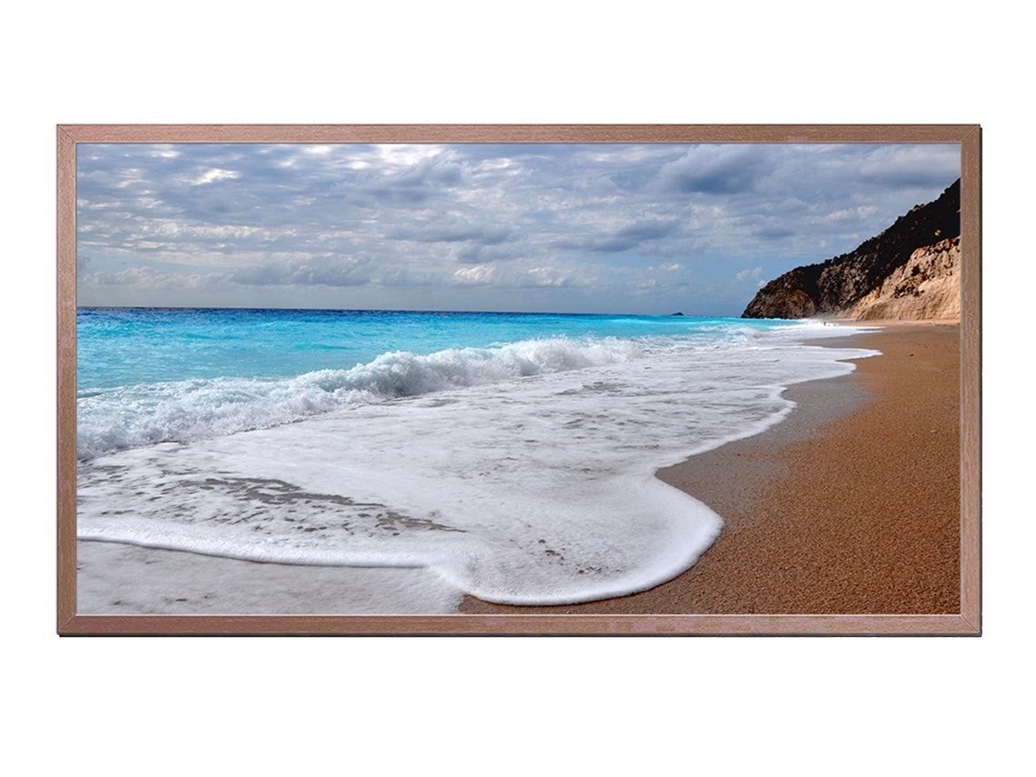 Turquoise Ocean Waves Crashing On Sandy Beach Cliffs Travel Poster