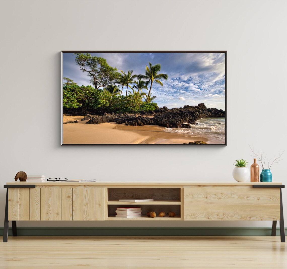 Tropical Beach Palm Trees Black Lava Rocks Golden Sand Paradise Poster