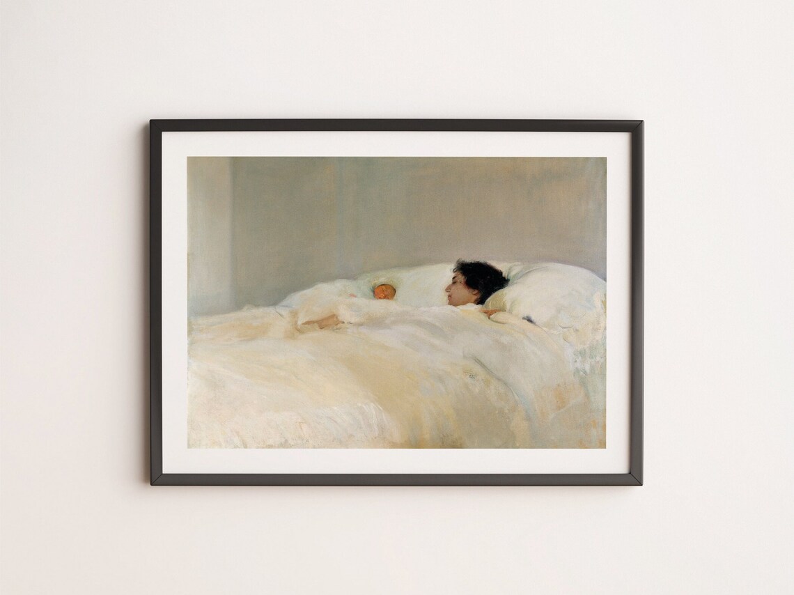 Vintage Mother and Newborn Painting Soft Nursery Bedroom Print - Image 4