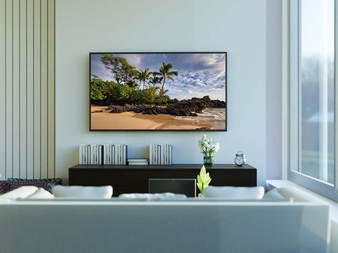 Tropical Beach Palm Trees Black Lava Rocks Golden Sand Paradise Poster - Image 3