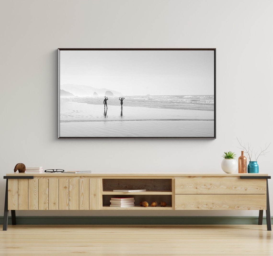 Surfers Walking Beach Black White Minimalist Ocean Photography Poster - Image 2