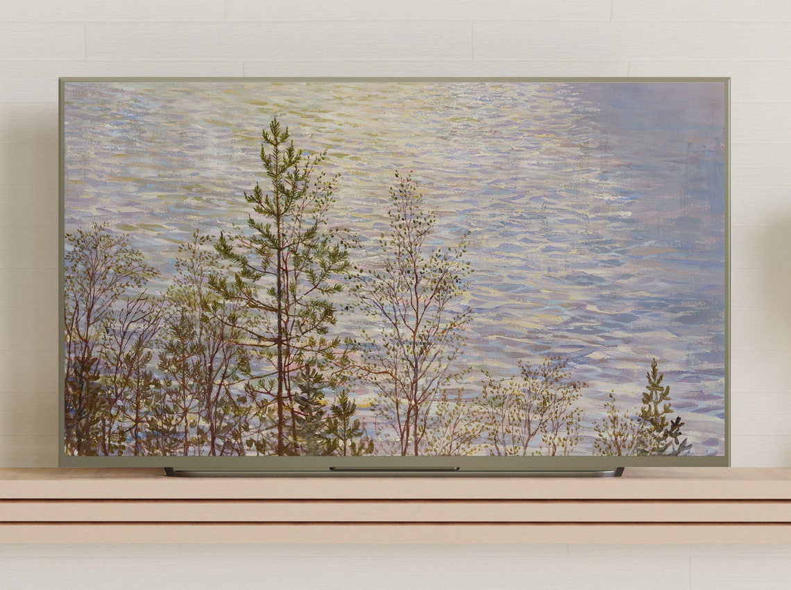 Young Pine Trees Against Sparkling Lake Vintage Forest Art Poster - Image 3