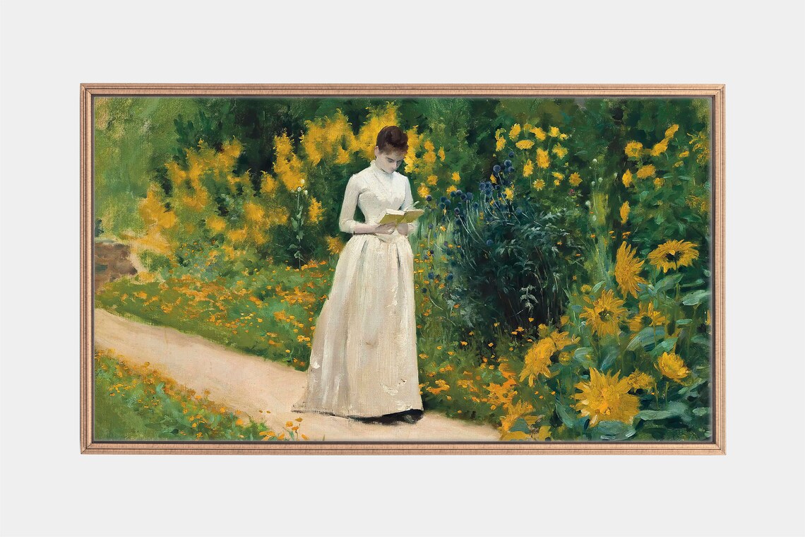 Woman Reading Book in Sunflower Garden Vintage Painting Wall Art