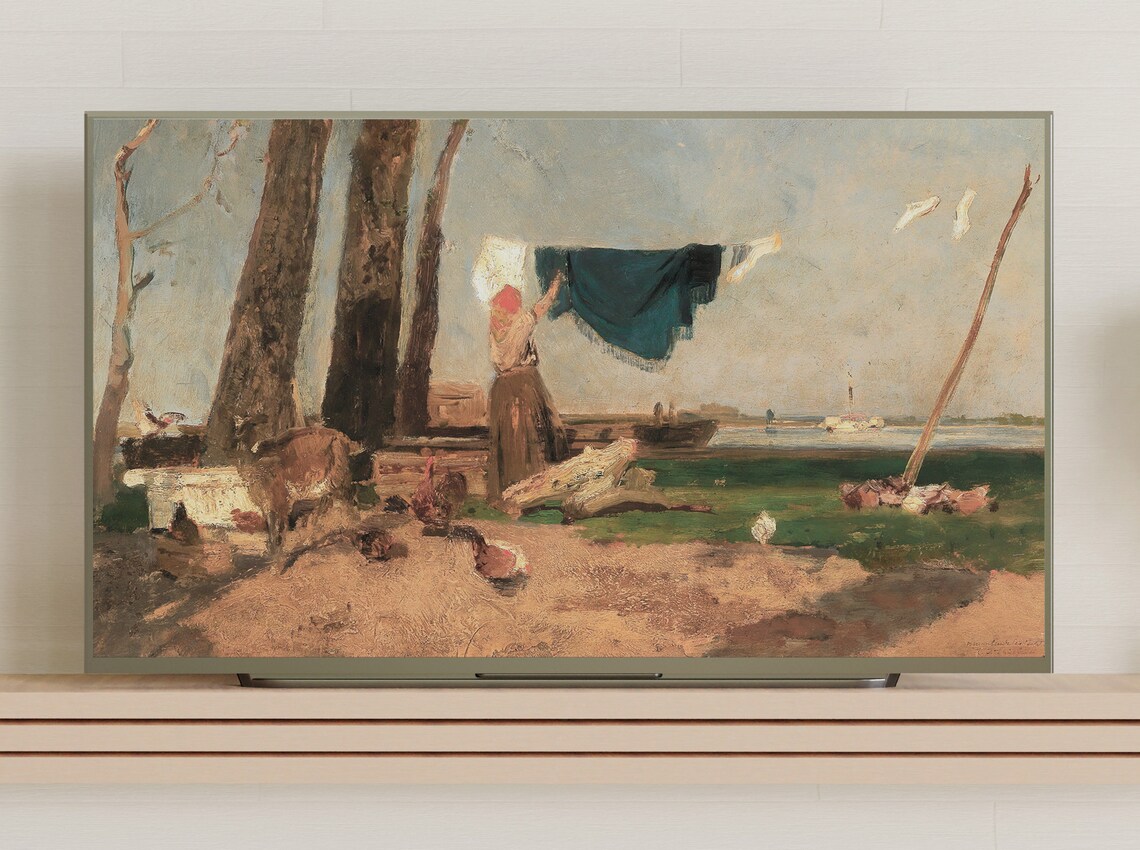 Washerwomen, 1868 Landscape Painting Vintage Art Print - Image 3