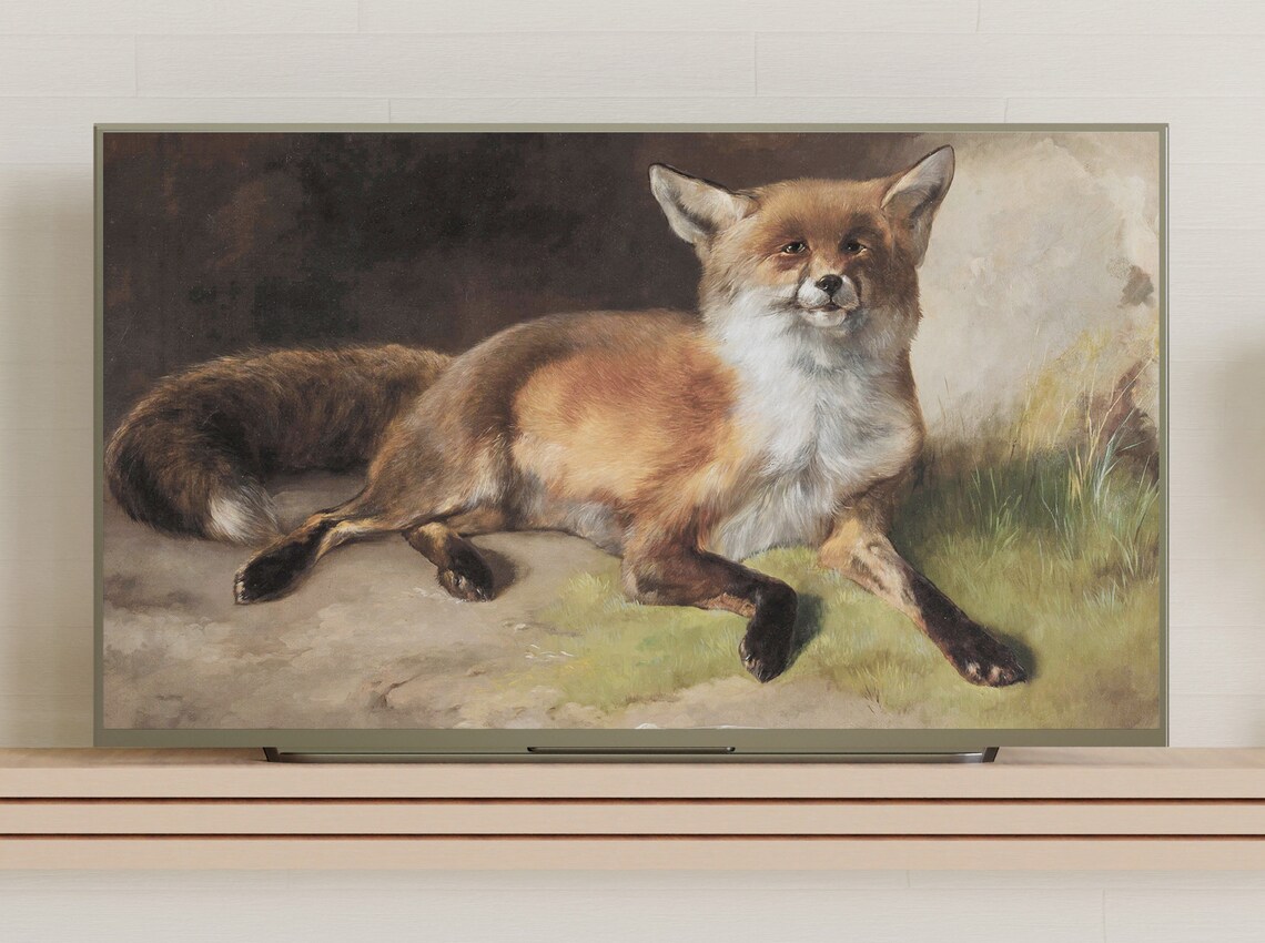 Red Fox Resting on Grass Vintage Oil Painting Wildlife Art Poster - Image 3