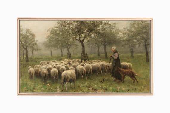 Shepherdess With A Flock Of Sheep, Vintage Landscape Art Print