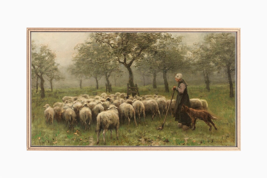 Shepherdess With A Flock Of Sheep, Vintage Landscape Art Print