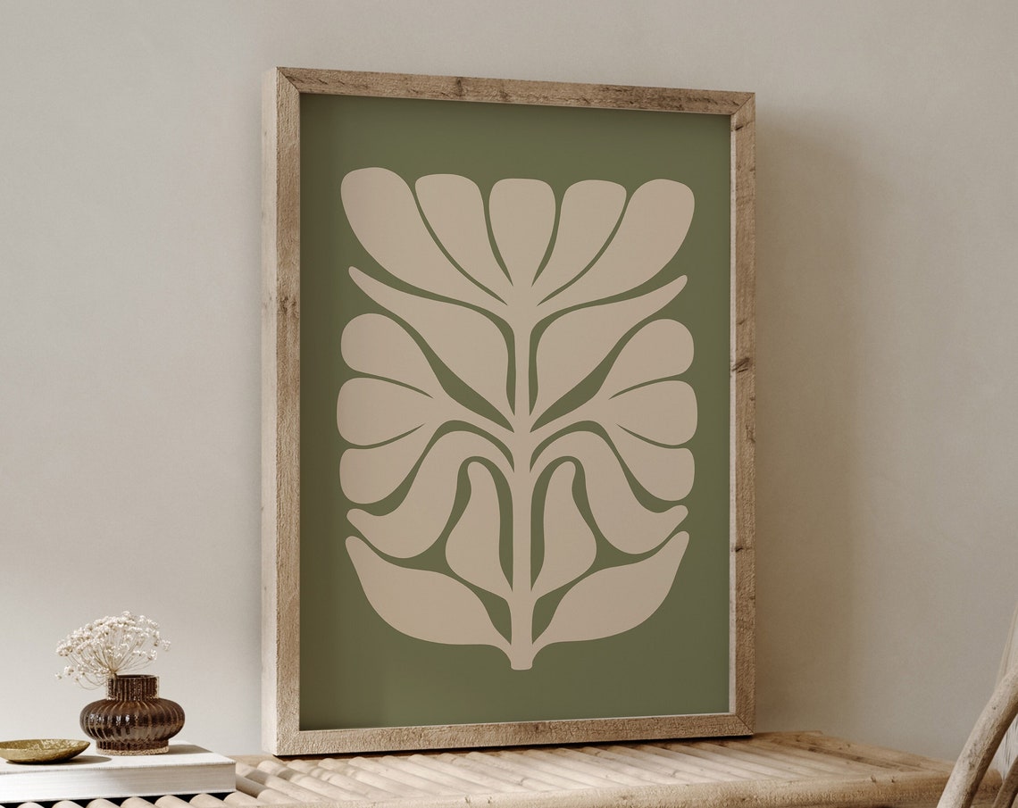 Sage Green Abstract Botanical Leaf Art Print Japandi Boho Wall Decor