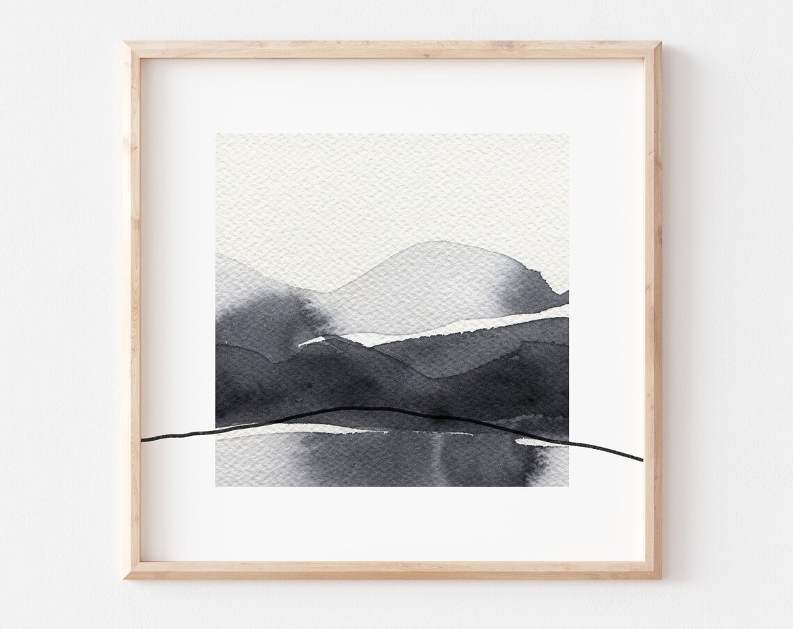 Black and White Abstract Mountain Watercolor Landscape Print